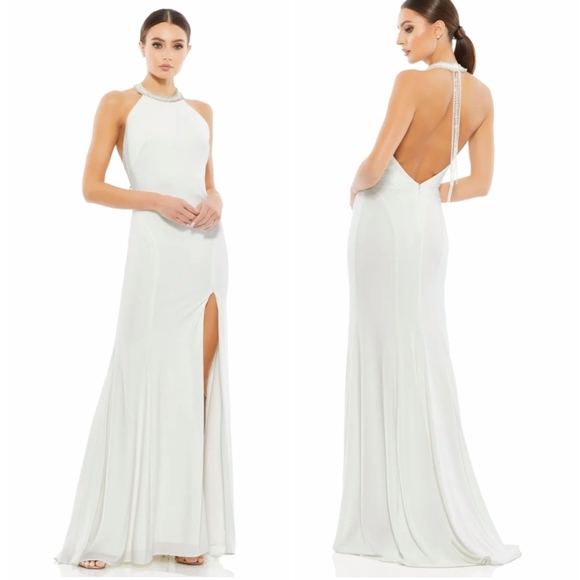 Mac Duggal Crystal beaded White Jersey Halter neck gown Size 6